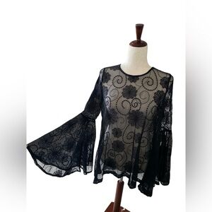 Love Stitch Black Lace Bell Sleeve Blouse Boho Gothic Top Women Small